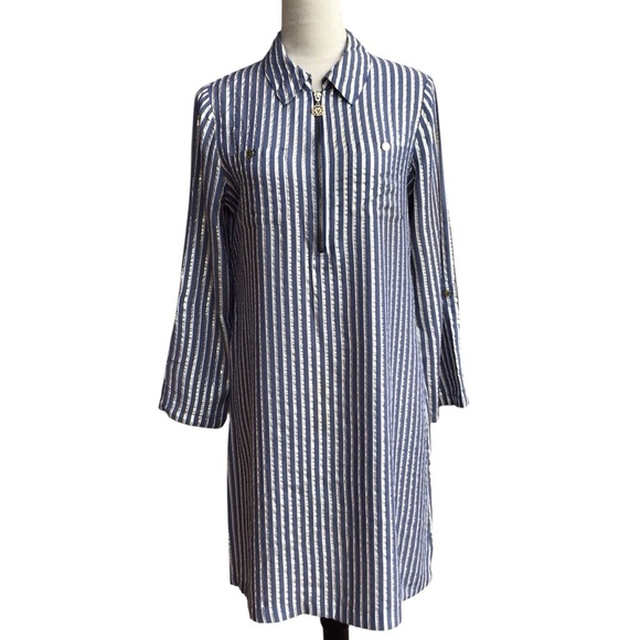 Anne Klein Metallic Striped Zippered Long Sleeve Shirt Dress Size 4 - Picture 4 of 11
